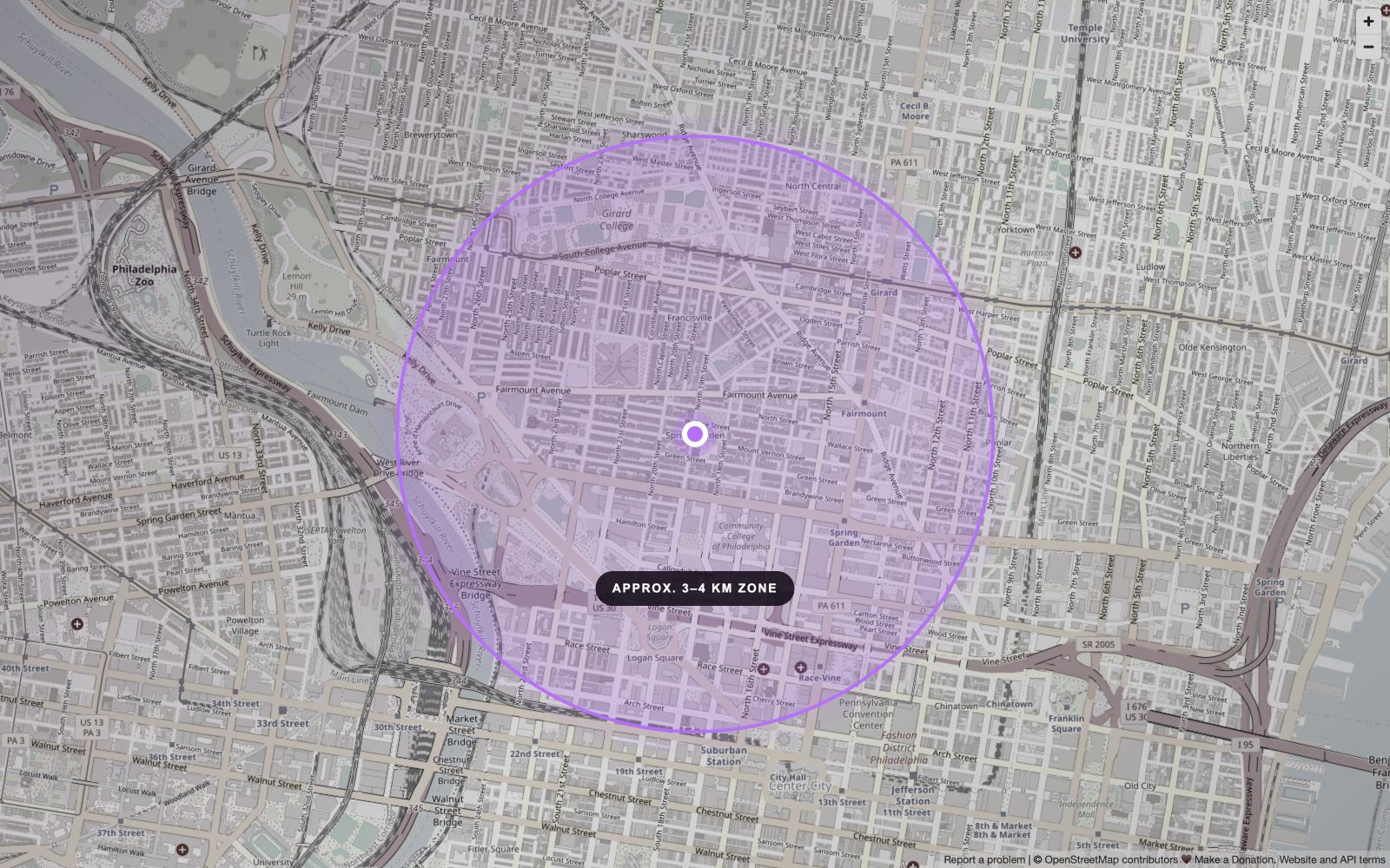 Static map showing an approximate three to four kilometre session zone around Spring Garden, Philadelphia
